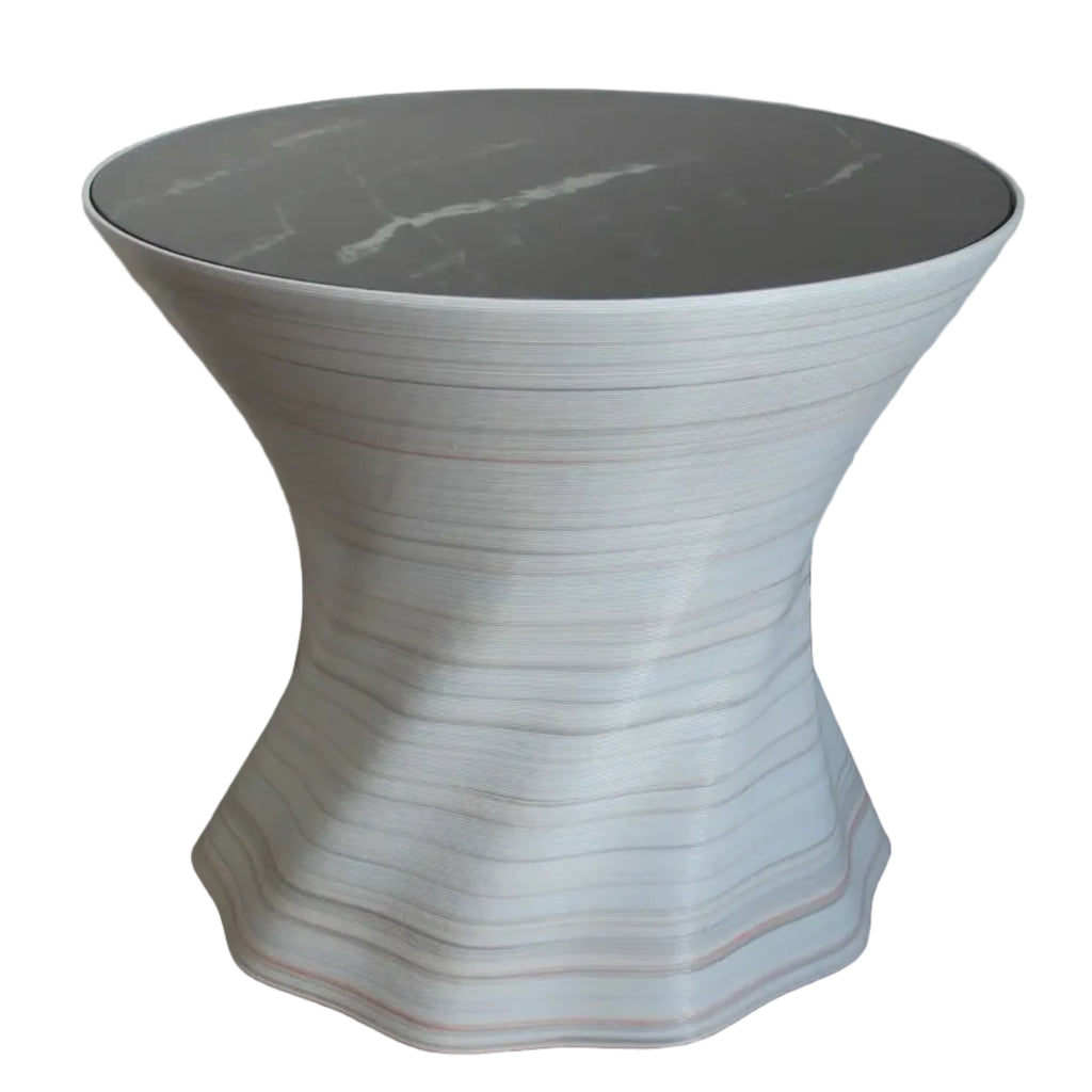 Table basse KESK, plateau noir effet marbre rond Ø50 cm, base sculpturale blanche, 40 cm haut
