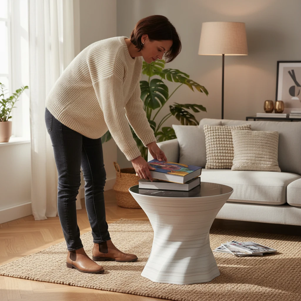 Table basse ronde, plateau effet marbre gris foncé, socle sculpté gris clair, Ø50x40 cm