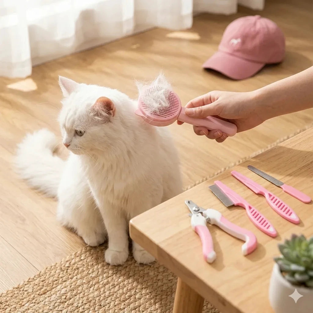 Kit de toilettage 7 en 1 pour chats et petits animaux, outils roses sur table, chat blanc