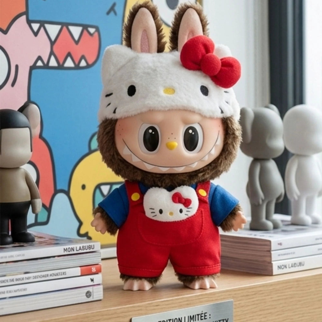 Poupée d'art en peluche Labubu portant un costume de Hello Kitty, présentée sur une étagère de collectionneur à côté d'autres figurines de créateurs et de livres.
