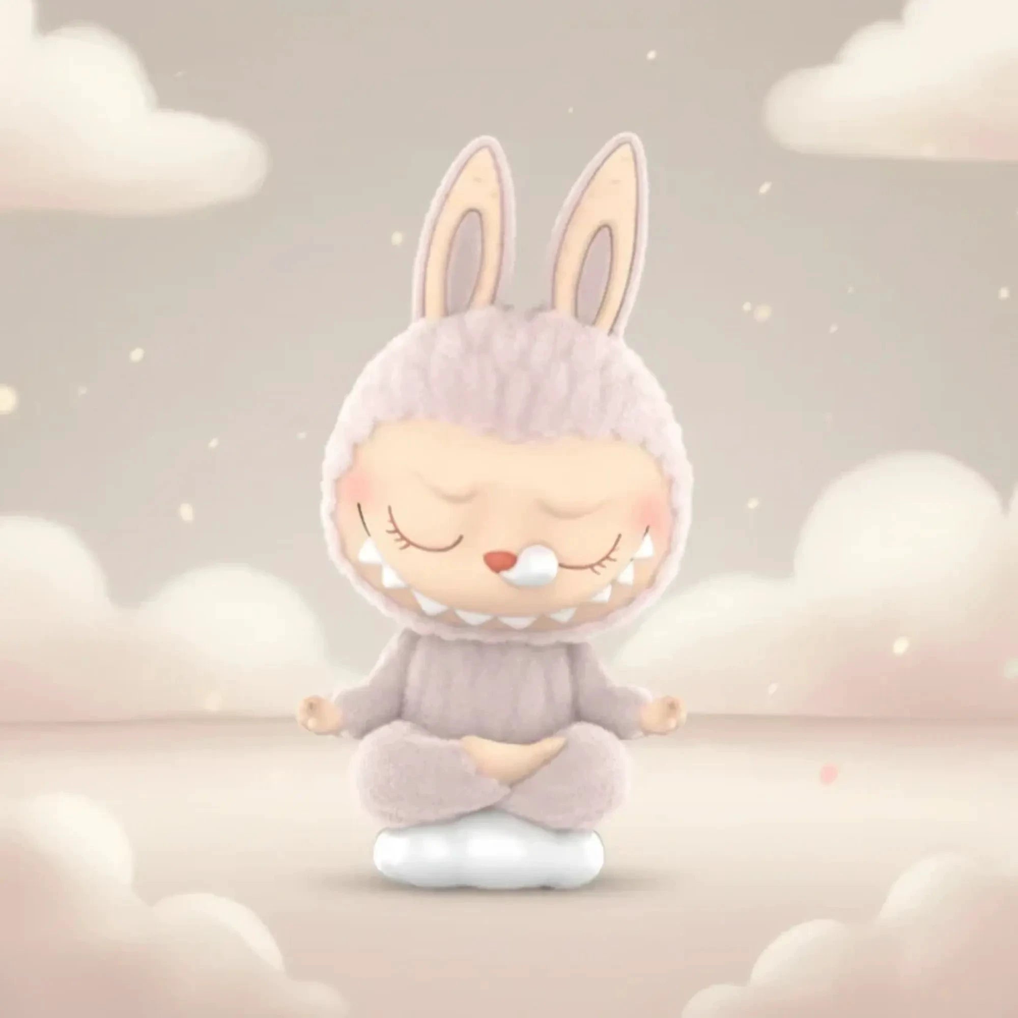 Figurine The Monsters Lazy Labubu – lavender plush bunny in meditative pose on a cloud