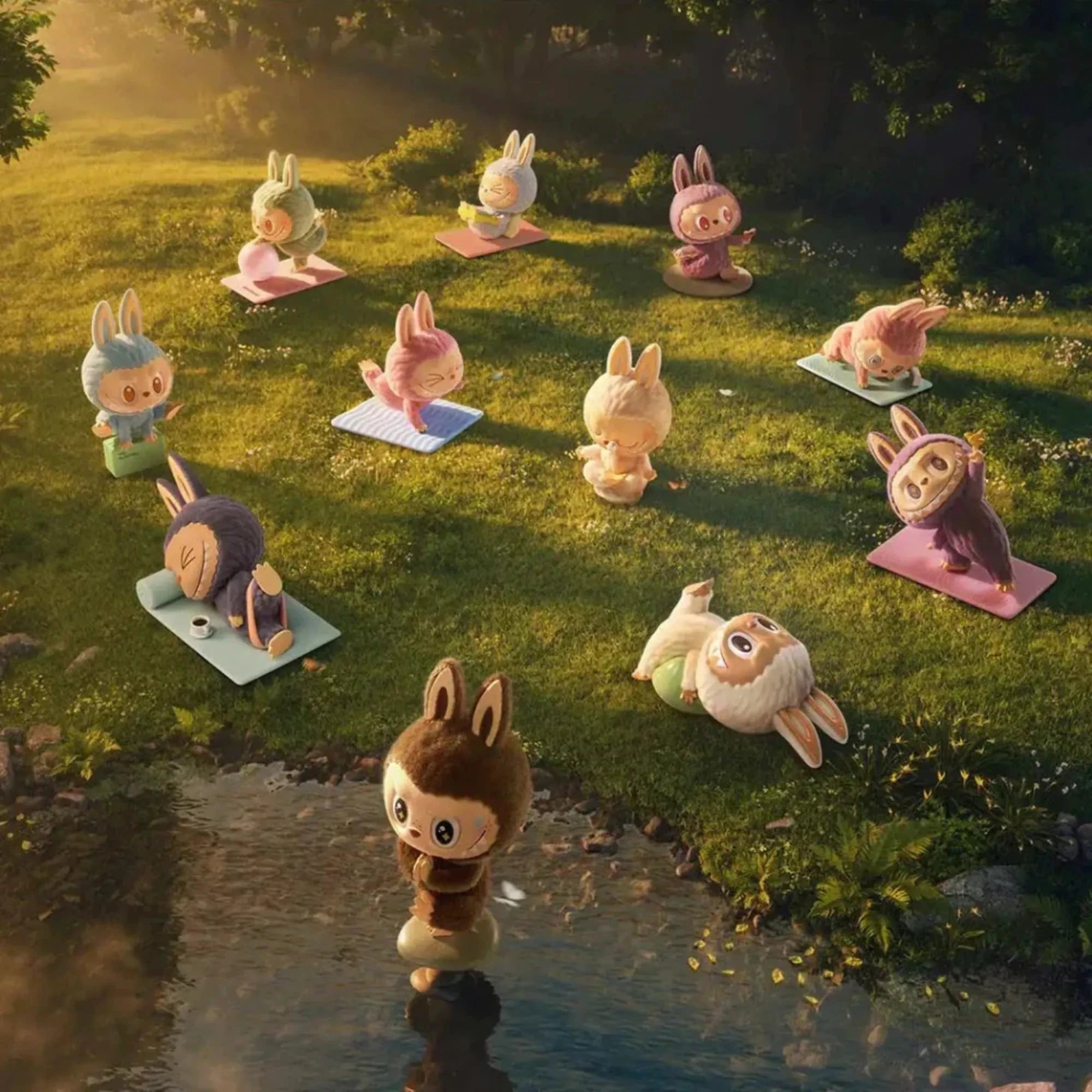Figurines: The Monsters Lazy Yoga Labubu on colorful yoga mats in a sunlit park.