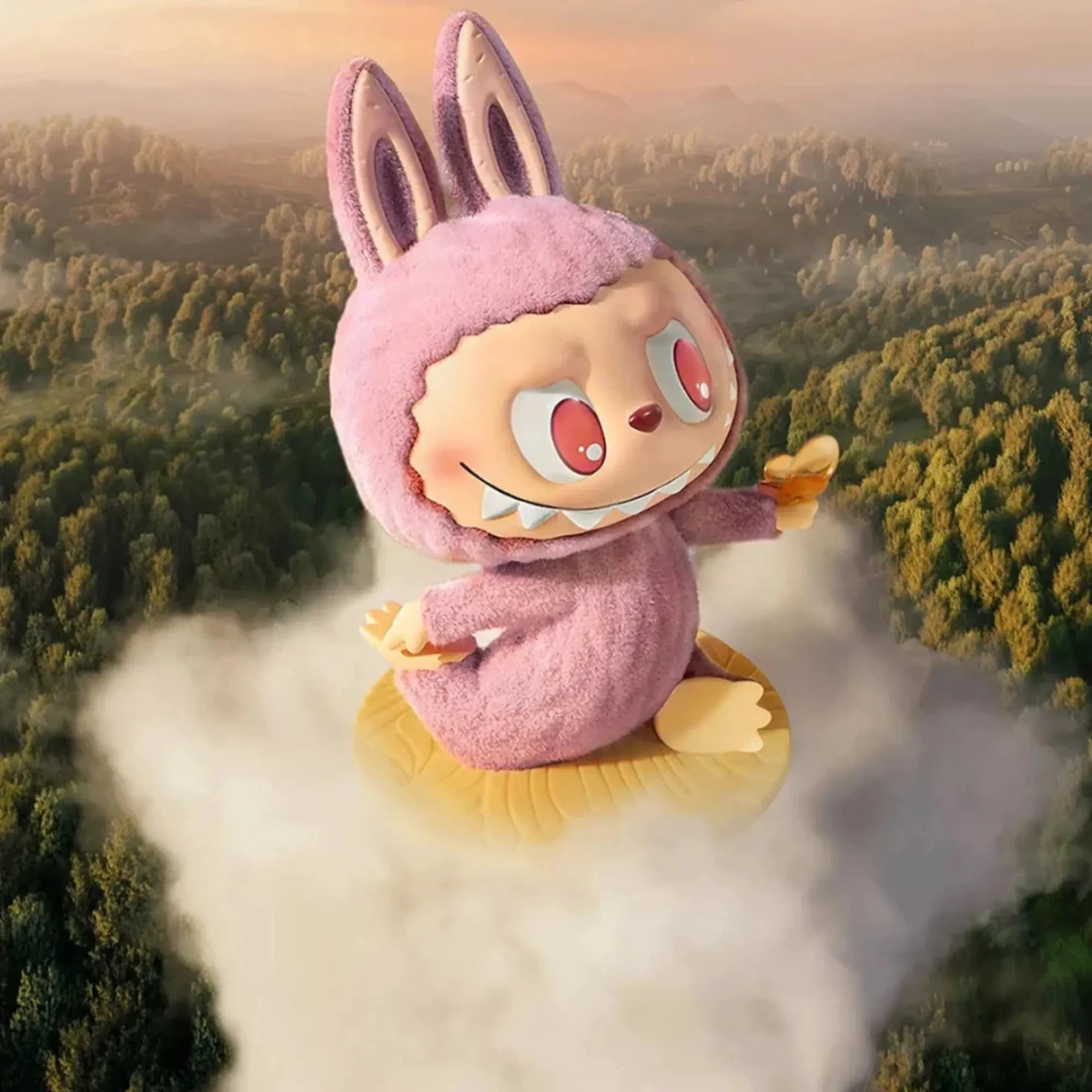 Figurine Mon Labubu The Monsters Lazy Yoga Labubu en peluche rose, lapin, sur socle jaune au-dessus d'une forêt.