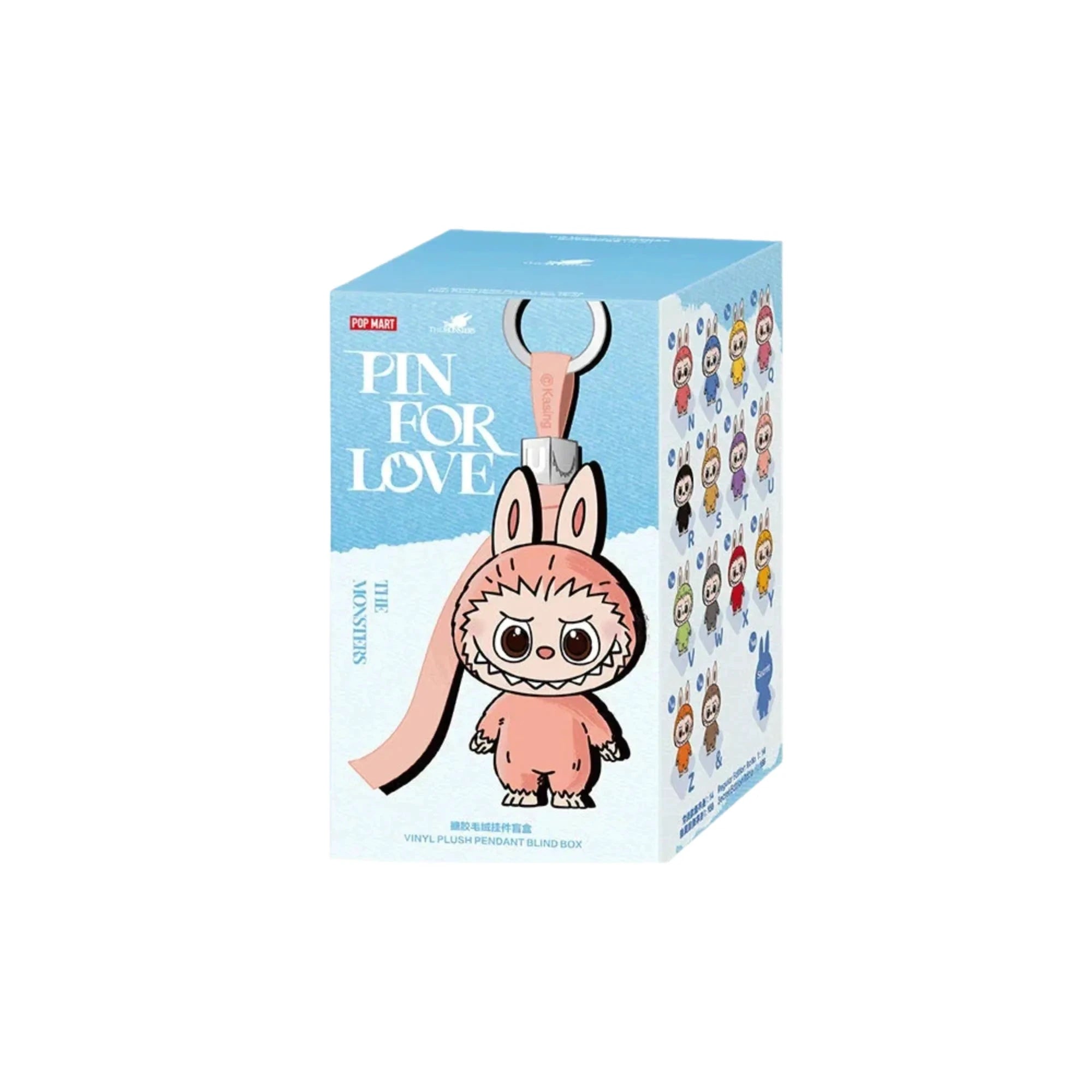 POP MART Labubu figurine vinyle peluche The Monster Pin for Love, poupée rose avec oreilles, boîte bleue décorative