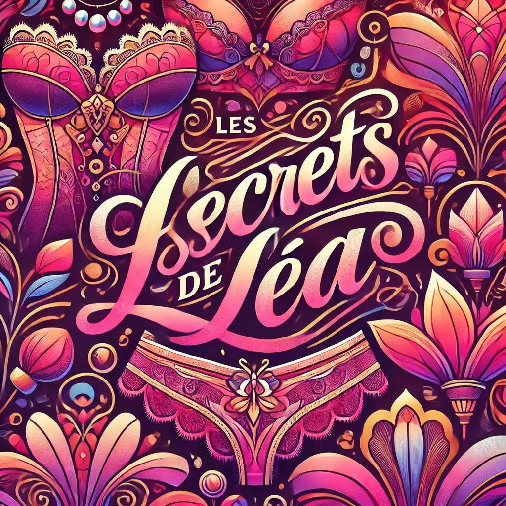 Illustration de l’univers lingerie féminine de la marque Les Secrets de Léa, avec motifs artistiques et couleurs roses et violettes.