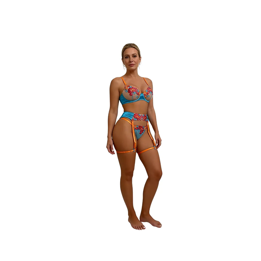 Ensemble lingerie dentelle florale brodée 3 pièces – Vahinée