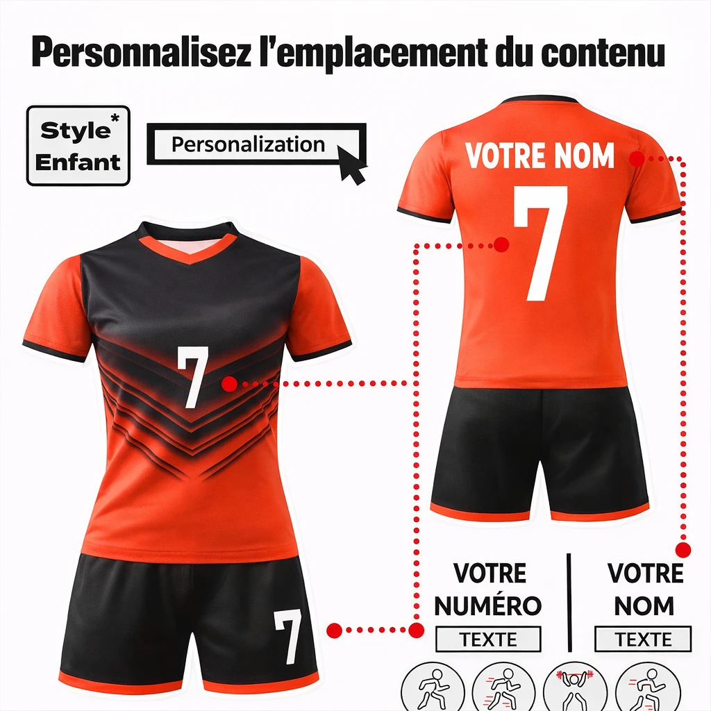 Ensemble maillot et short de football pour enfant personnalisable – noir et orange
