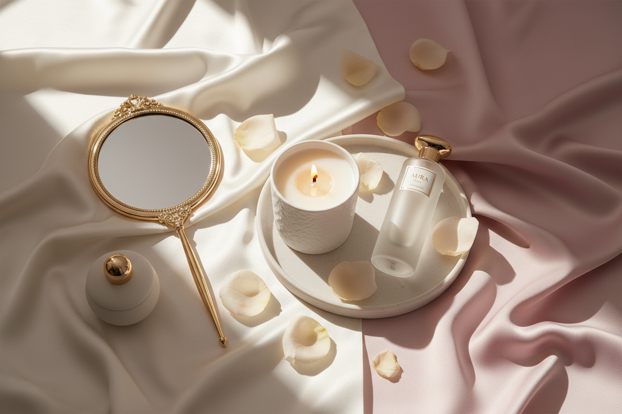 Photo réaliste au style aesthetic minimaliste, prise en lumière douce naturelle.
Une composition plate (flat lay) d’éléments sensoriels et élégants :

bougie parfumée allumée,

flacon de parfum design,

pétales de rose pastel,

tissu satiné beige ou rose poudré,

accessoires de beauté raffinés (miroir doré, petit pot de crème).

Palette :

Rose poudré #F3B6C6

Beige clair #F8EAE4

Blanc cassé #FAFAFA

Détails or doux #D9A85C

Ambiance : élégante, apaisante, féminine et lumineuse, style “magazine beauté haut