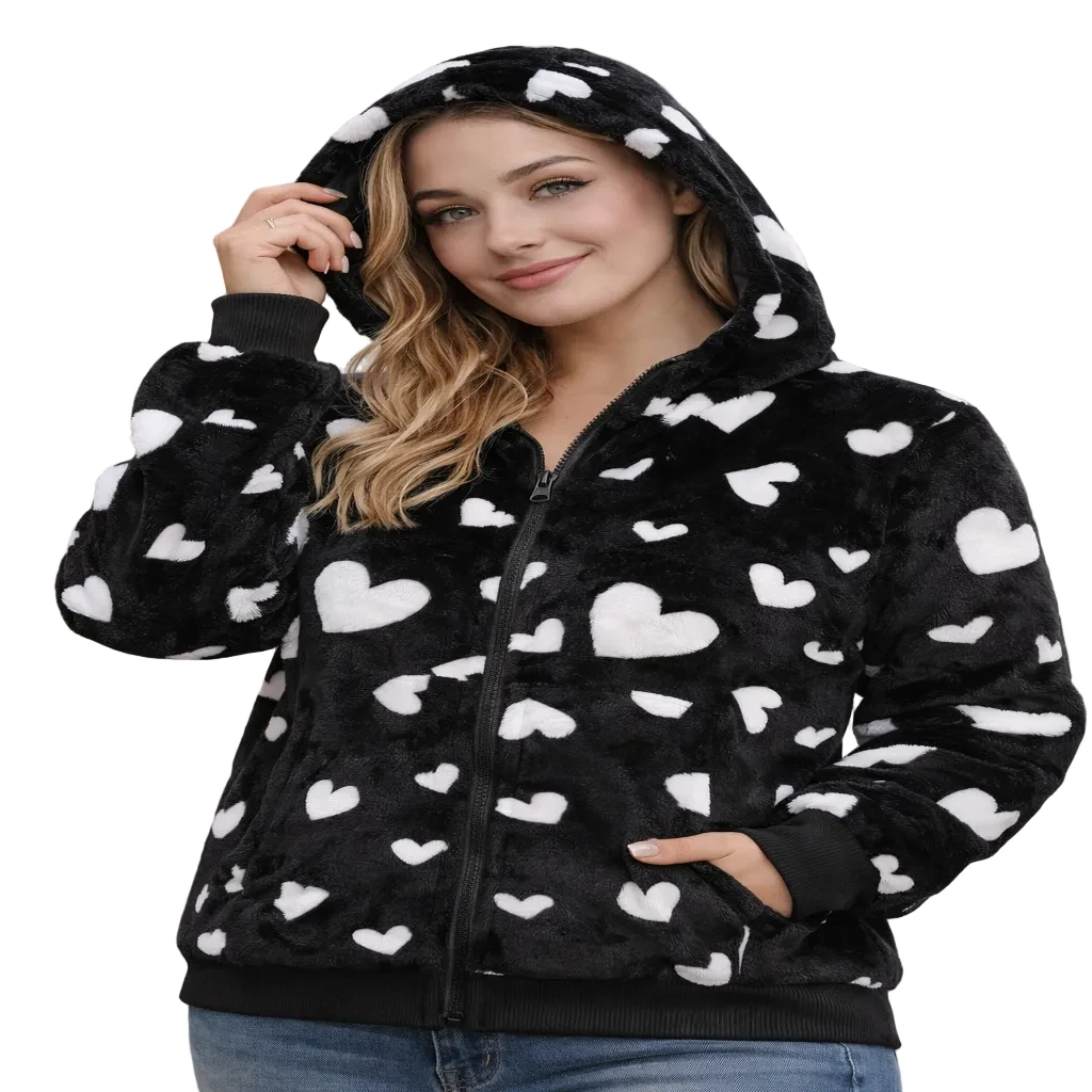 Cardigan À Capuche Zippé Imprimé Cœur