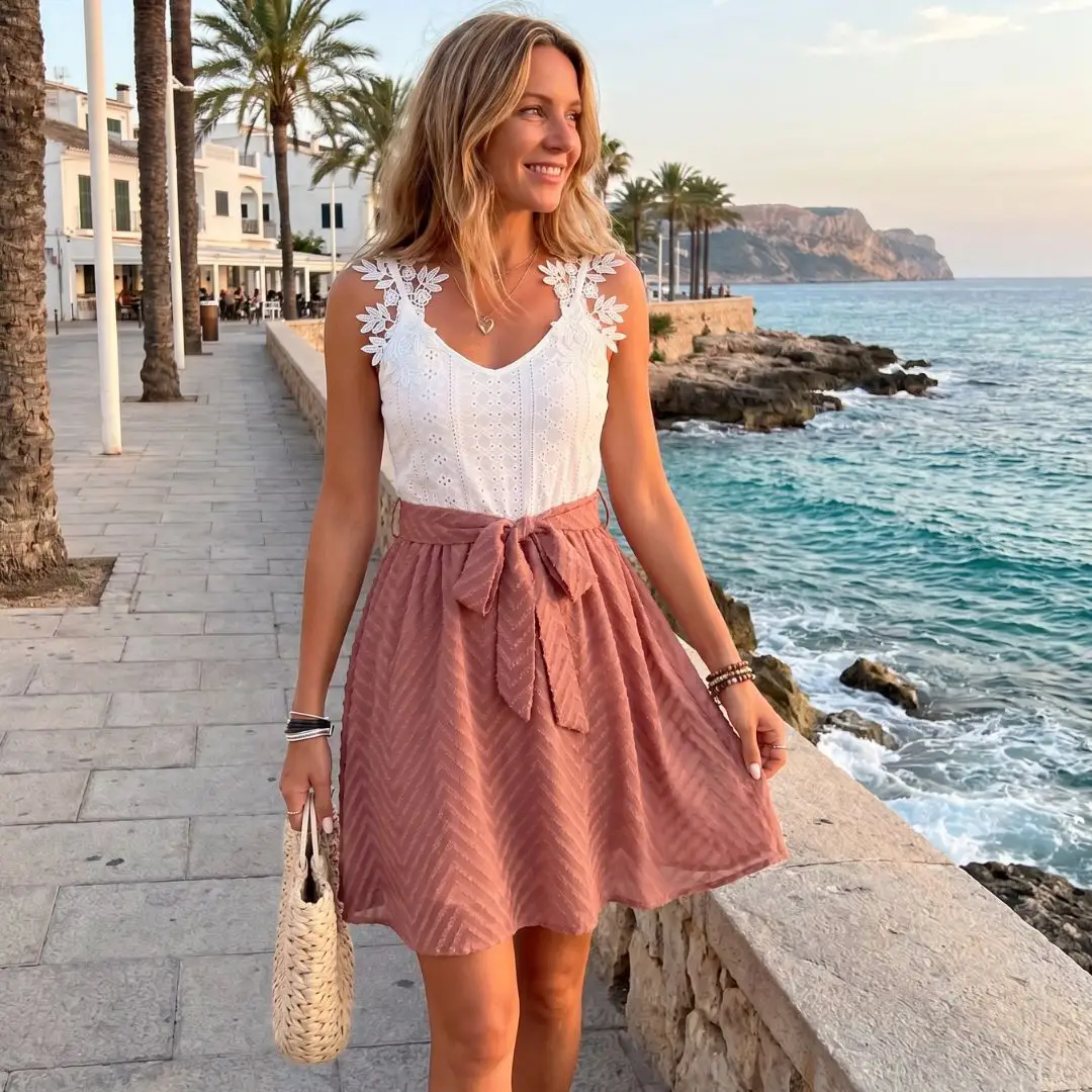 Robe chasuble blanche avec bretelles en dentelle florale et jupe rose poudré, ceinture nœud.