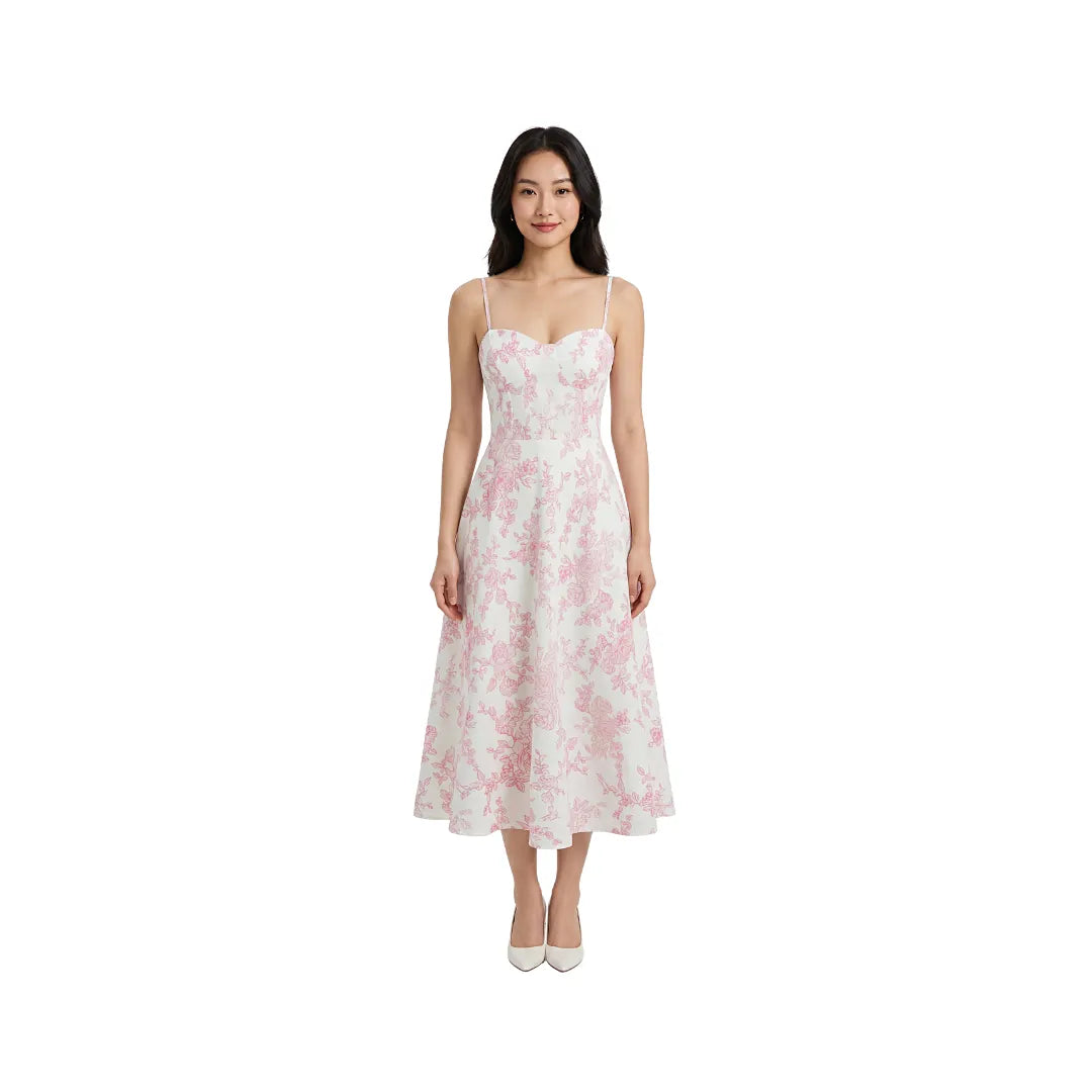 Robe longue florale rose à bretelles spaghetti, coupe évasée, imprimé floral sur fond blanc – LSDLBoutique