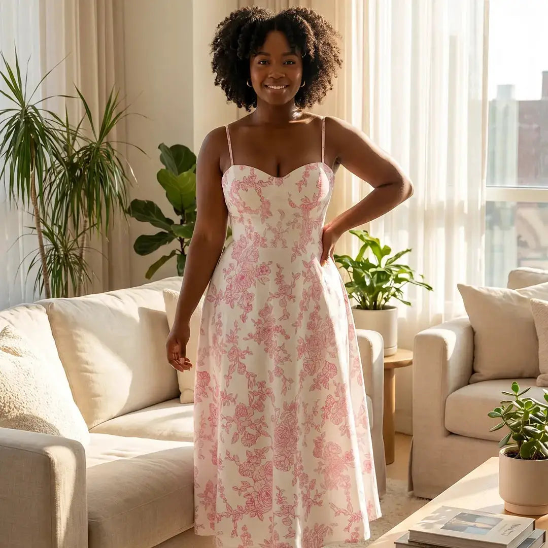 Robe longue florale à bretelles spaghetti, coupe évasée, imprimé rose sur fond écru, LSDLBoutique