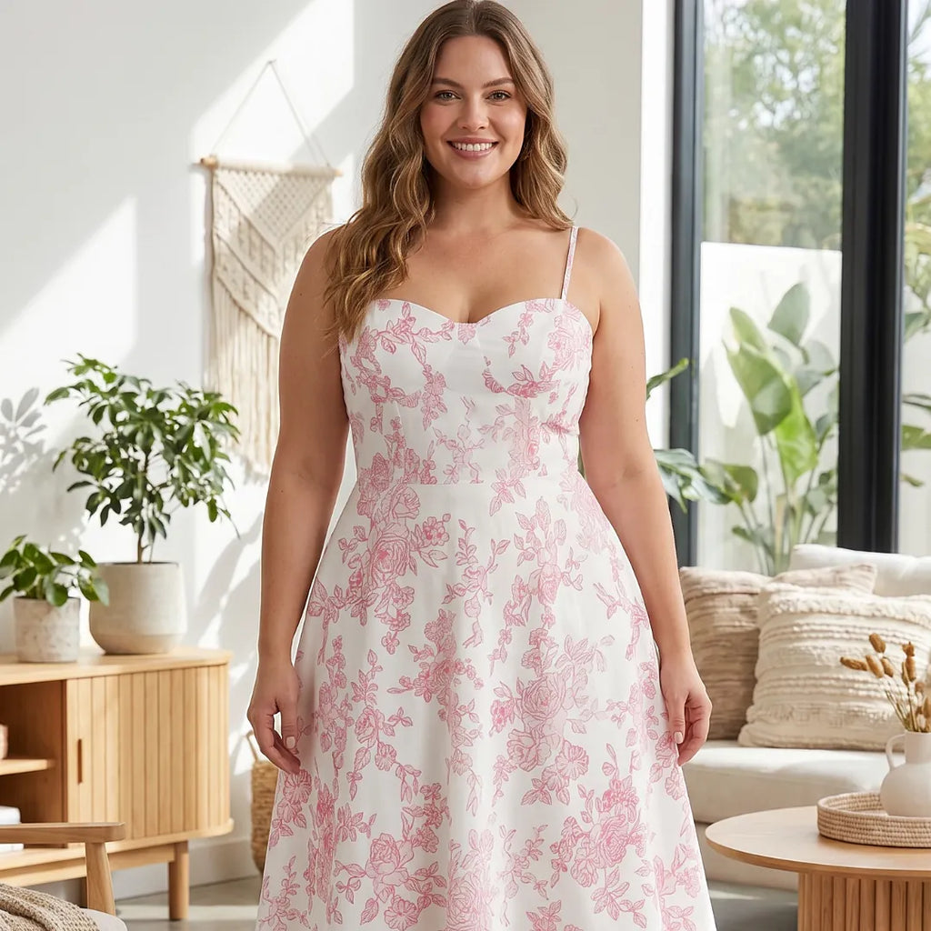 Robe longue à imprimé floral rose, bretelles spaghetti et coupe évasée – LSDLBoutique