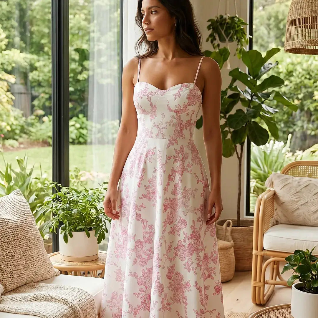 Robe longue florale à bretelles spaghetti, coupe évasée, fond blanc avec motifs roses – LSDLBoutique