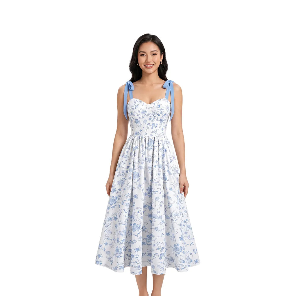Robe mi-mollet à bretelles fines imprimé floral bleu sur fond blanc