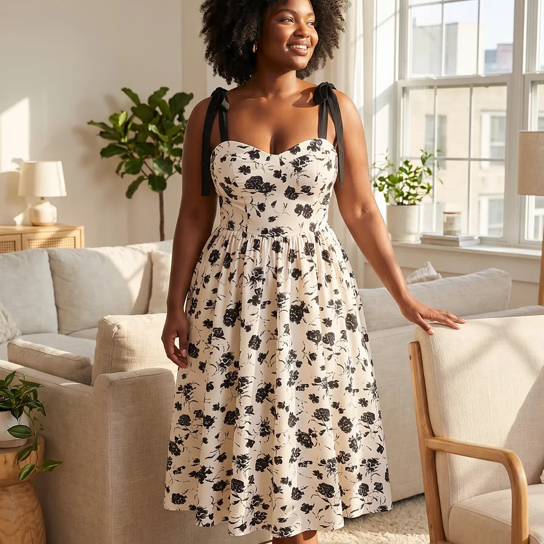 Robe mi-mollet à bretelles fines, imprimé floral noir sur fond crème, bretelles noires à nouer