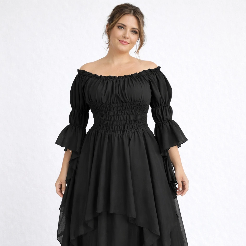 Robe longue style médiéval manches longues encolure élastique