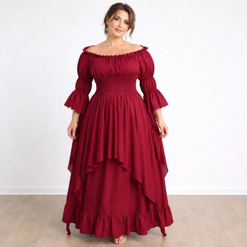 Robe longue style médiéval manches longues encolure élastique