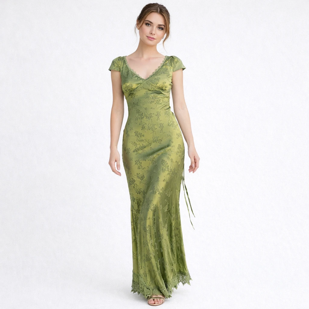 Robe longue satinée col V dos lacé coupe ajustée