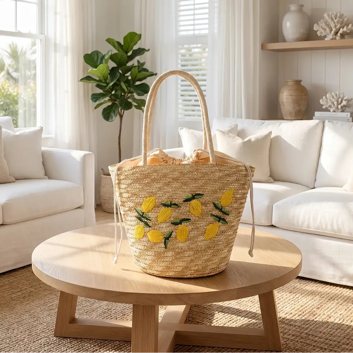 Sac à bandoulière en paille tressée beige naturel avec broderie fruits jaunes, accessoire mode LSDLBoutique.