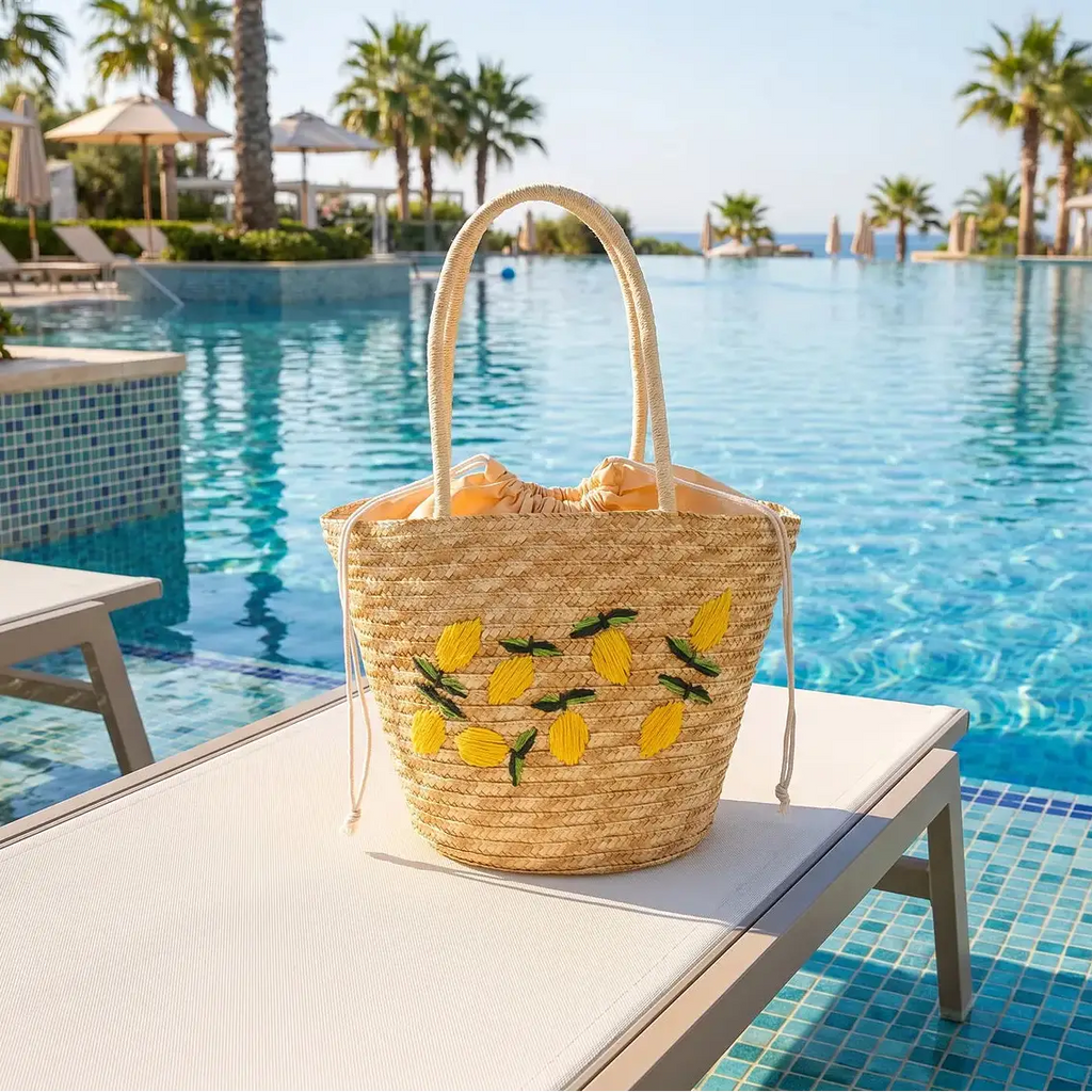 Sac à bandoulière en paille tressée, broderie fruits jaunes, couleur naturelle, poignée en corde – shopper.