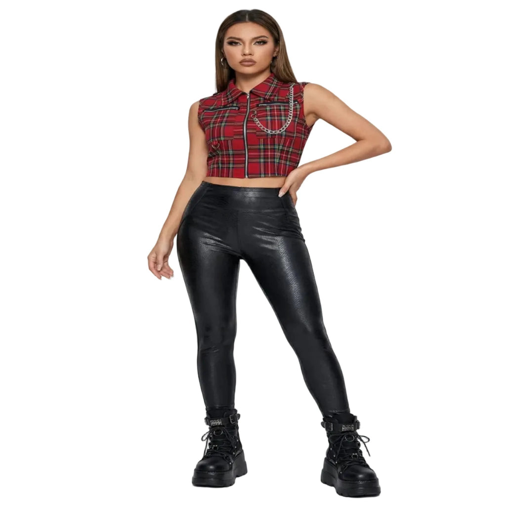 T-shirt court sans manches à carreaux femme – Zip frontal