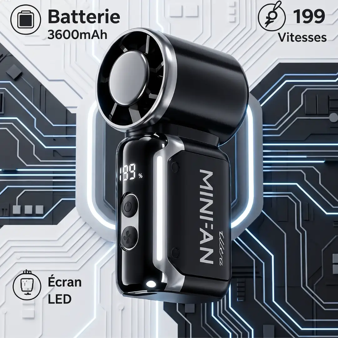 Ventilateur portable Turbo Mini noir avec écran LED et batterie 3600mAh