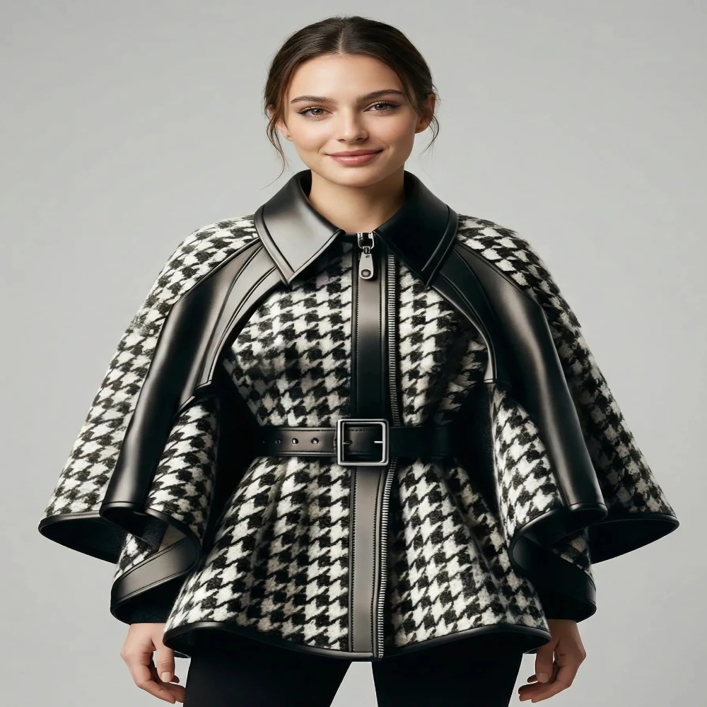 Veste Femme Pied-De-Poule Cape Asymétrique